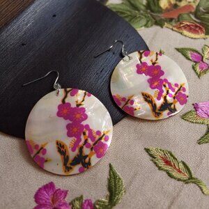 Large Round Mother Of Pearl Dangle Earrings Pink Floral Print Fishhook Boho